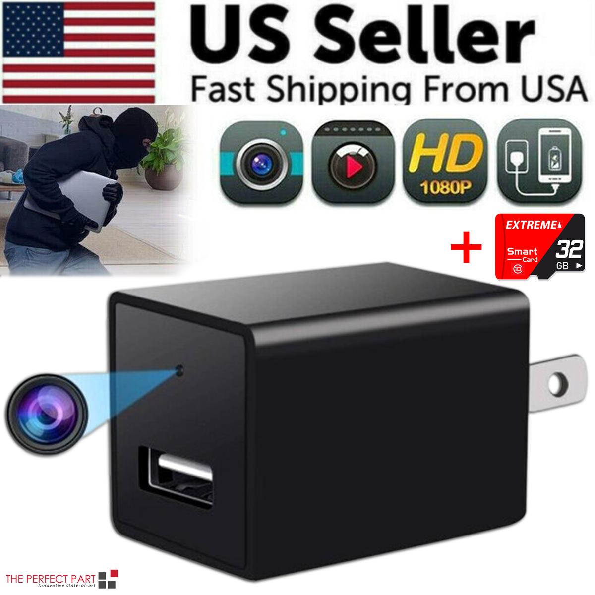 USB Plug Phone Charger WiFi Cam With Live Streaming Video